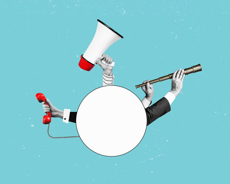 A team seeks contacts, organizes meetings, and makes announcements. Hands holding a megaphone, telescopes and a telephonewith, isolated free flat desigm background.