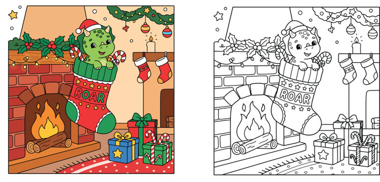 Christmas Dinosaurus in Stocking Coloring Page with Fireplace Set