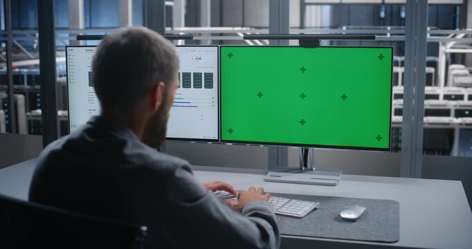 Technology Specialist Using Workstation With Replaceable Screen Area, Showing Flexible Scene For Network Administration, System Analysis, Technical Support, and Modern Corporate IT Operations.