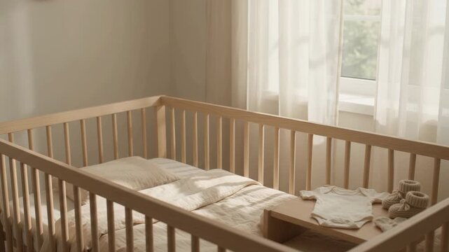 Empty Wooden Baby Crib with Neutral Bedding in Bright Minimalist Nursery
