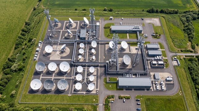 Aerial View of Satellite Ground Station and Telecommunication Facility