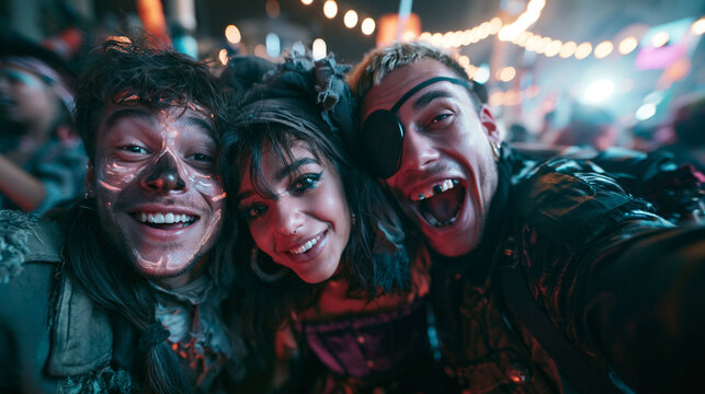 Friends in Costumes Taking Selfie at Halloween Festival