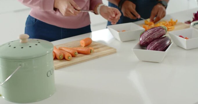 Starting meal prep, two cooks are slicing carrots and chopping bell pepper on countertop for dinner
