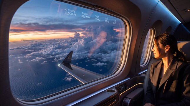 Businesswoman Looking Through Large Airplane Window at Sunset
