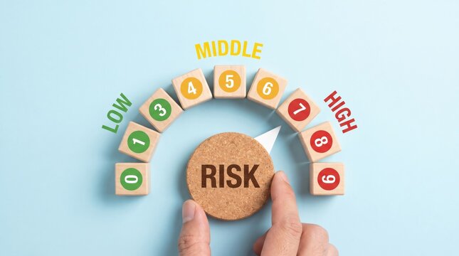 A human hand adjusts a wooden dial to set the risk level, illustrating the concept of risk assessment and management in business and finance