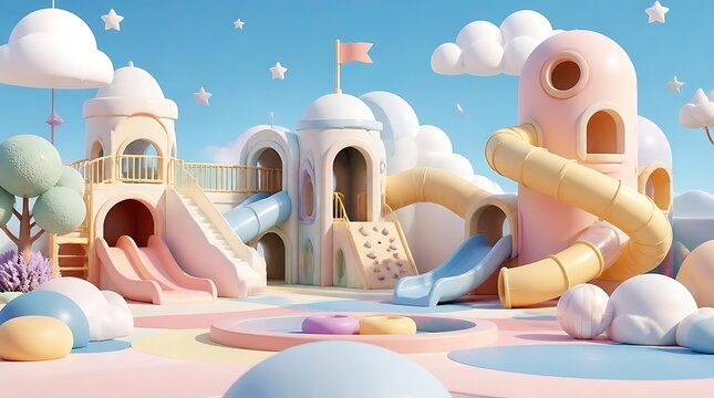 Whimsical 3D Rendered Candyland Playground Fantasy Scene.