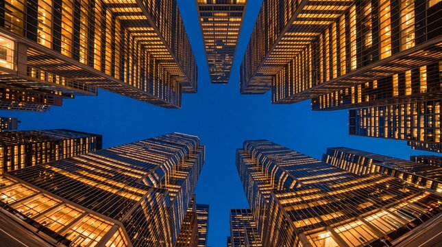 Low Angle View of Illuminated Modern Skyscrapers at Night