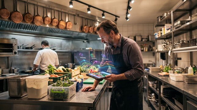 Restaurant manager uses tablet with holographic data overlay for business analytics