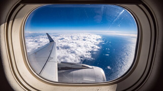 Airplane Window View Over Clouds and Ocean During Flight