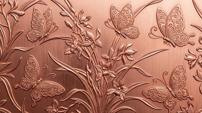 Embossed Copper Floral Pattern with Butterflies Background
