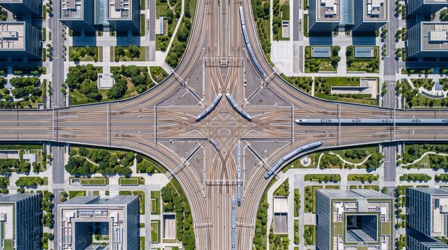 Aerial View of High Speed Railway Interchange in Modern City