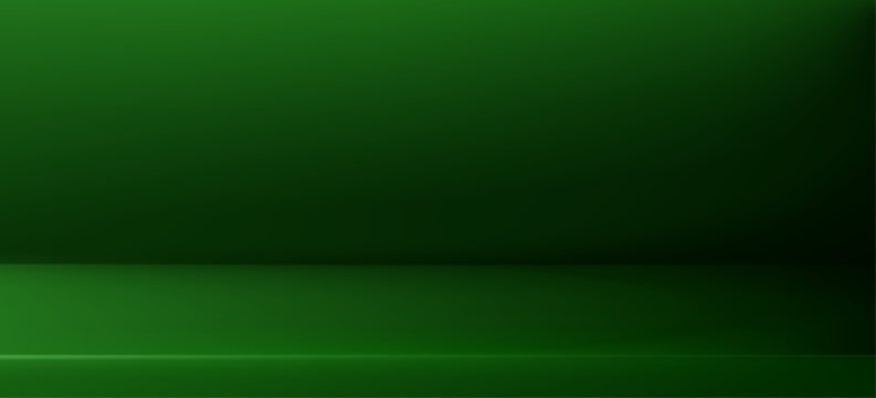 Green gradient abstract studio backdrop with dark emerald tones, 3D platform. Vector bg illustration for product mockup, elegant limbo floor setting with sophisticated atmosphere