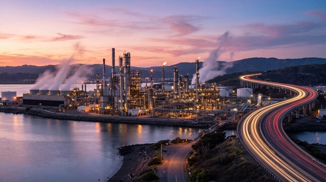 Oil Refinery and Highway with Light Trails at Dusk