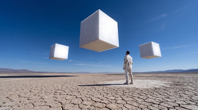Man in Desert Looking at Levitating Futuristic Cubes
