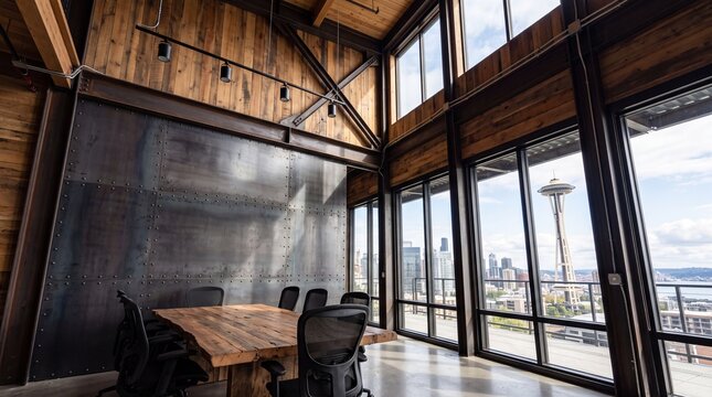 Modern Industrial Boardroom Overlooking Seattle Skyline