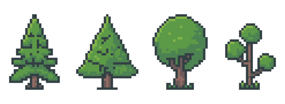 Pixel Art Forest Icons. A collection of four distinct pixel art trees, each rendered in a charming retro style.