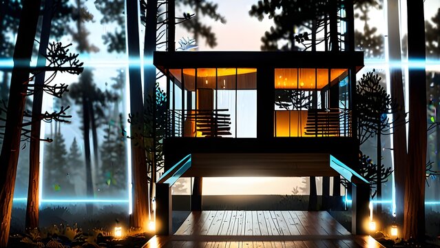 Futuristic Modern Elevated House in Pine Forest with Glowing Blue Light Frame. Contemporary Architecture and Luxury Retreat.