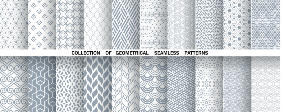 Geometric set of seamless gray and white patterns. Simple vector graphics