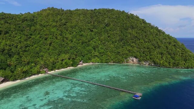 Aerial view of Raja Ampat Regency with a long wooden pier extending into turquoise waters and lush green hills on Kri Island, Southwest Papua, Indonesia.