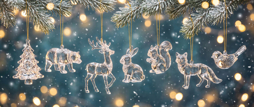 Christmas ornaments hanging from frosted fir branches Magical Christmas  holiday background with reindeer, bear, rabbit, squirrel, fox and bird Decorations.  DArk blue background. 