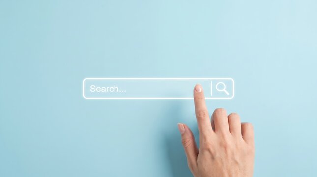 Hand pointing at a digital search bar interface for web navigation and online discovery on a minimalist blue background, representing modern technology