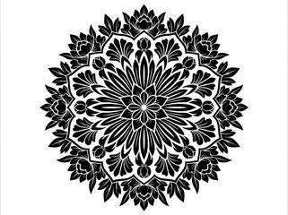 Black and white circular floral mandala pattern with symmetrical petals © shifatalipro
