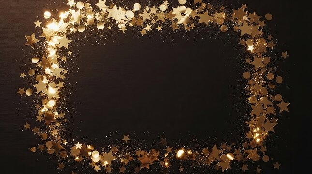 Frame made of golden stars and confetti on a black background