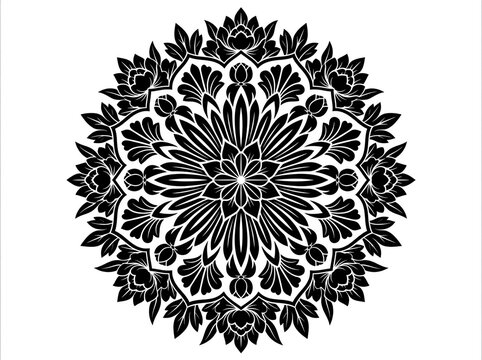 Black and white circular floral mandala pattern with symmetrical petals