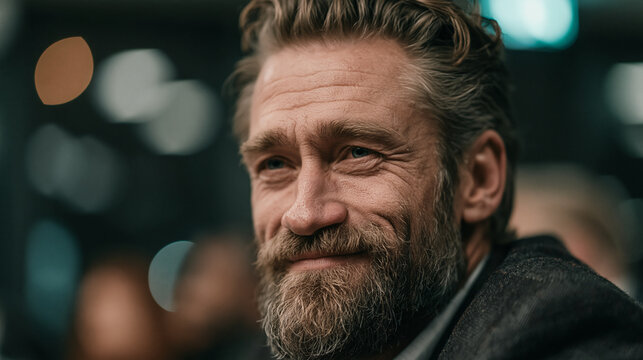 Thoughtful middle aged man with curly hair and grey beard looking away in deep reflection