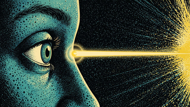 Human profile in blue tones emits a bright yellow laser beam from the eye, symbolizing deep focus, vision, and mental insight in a stylized textured illustration.