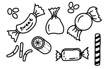 Fototapeta premium Black outline illustration set of wrapped sweet candies, jelly beans, hard candies, and striped sticks.