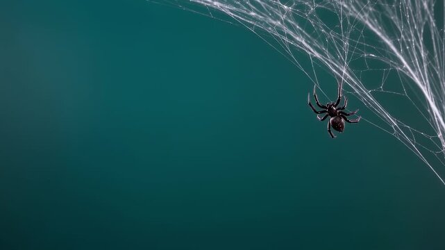Animal - Small black spider moving along a web against a dark teal background