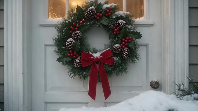 Holiday - Christmas wreath on a snowy white front door with red bow and pinecones during winter