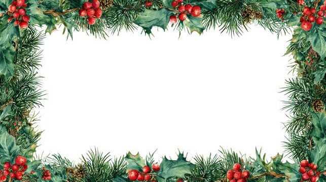 Watercolor christmas frame with holly berries and pine branches isolated on white background