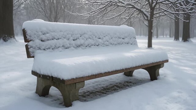 Nature - Snow covered wooden park bench in a quiet winter wonderland park with bare trees