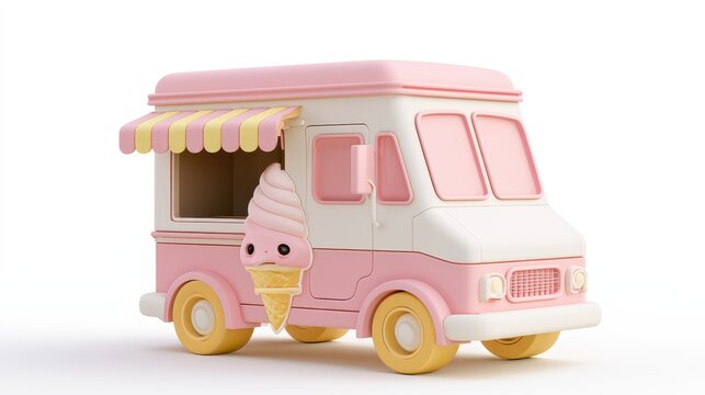 Cute 3d rendered toy ice cream truck in pastel pink and yellow, featuring a softserve cone graphic, isolated on white background