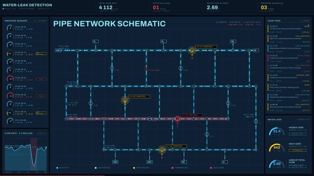 Experience a comprehensive dark-mode industrial water-leak detection dashboard featuring animated piping networks, pressure gauges, and real-time alerts for efficient monitoring.