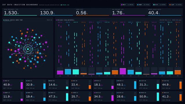 Visualize high-volume IoT message ingestion across devices in a dark-mode dashboard featuring animated metrics, radial maps, and dynamic waterfalls for real-time data analysis.