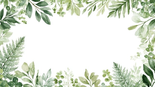 Watercolor botanical frame with green leaves and ferns, isolated on white background