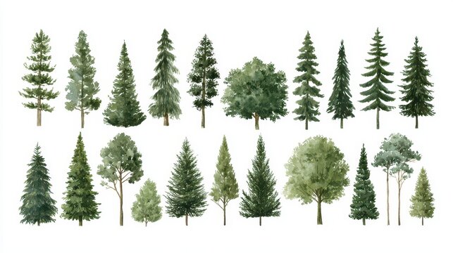 Set of watercolor evergreen trees and pines isolated on white background