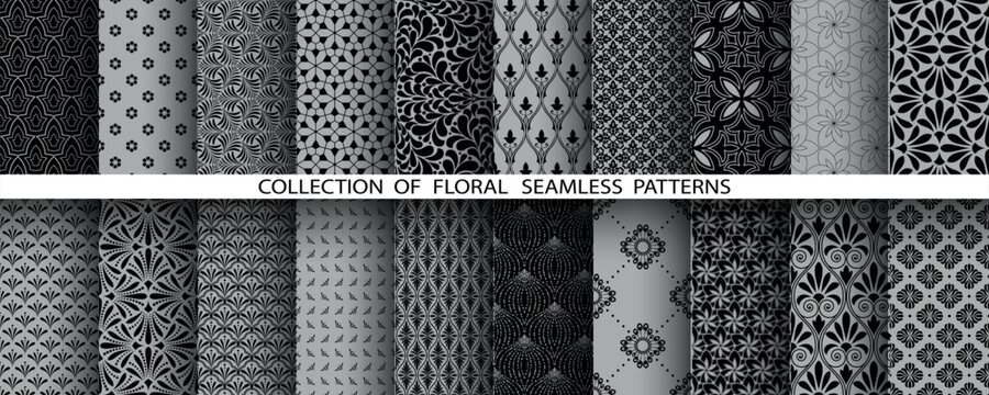 Geometric floral set of seamless patterns. Gray and black vector backgrounds. Damask graphic ornaments