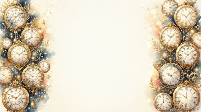 Vintage clock frame background with ornate golden pocket watches, celestial stars, and watercolor elements, perfect for elegant invitations and timethemed designs