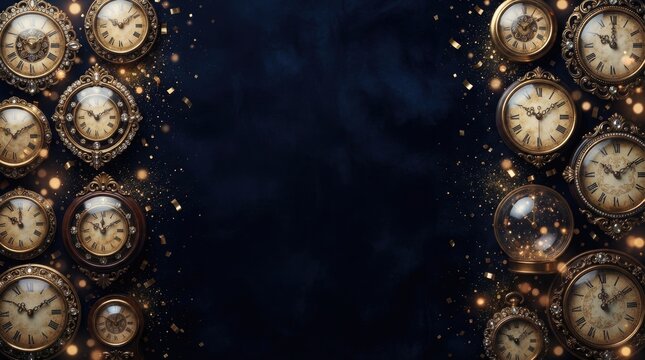 Vintage antique clocks arranged on a dark blue background with golden sparkles and confetti