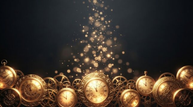 Golden vintage pocket watches and clockwork gears arranged in a row against a dark background with magical glowing bokeh lights, representing time, history, and elegance