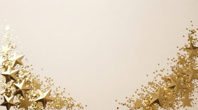 Festive background with golden star shaped confetti and glitter on a light beige surface, top view with copy space for text