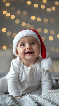 A cheerful baby, adorned with a festive Santa hat, radiating pure joy with a bright smile. The background is gently blurred with bokeh lights, highlighting the baby's expression.