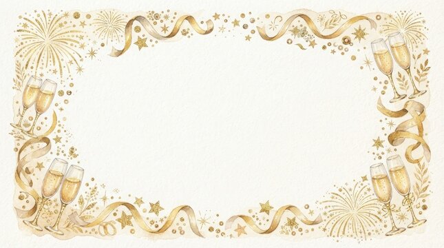 Festive new year celebration frame with golden champagne glasses, fireworks, and ribbons isolated on white background