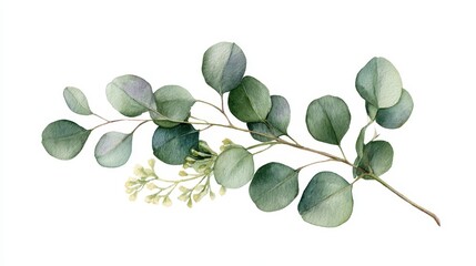 Obraz premium Watercolor eucalyptus branch with green round leaves and small buds isolated on white background