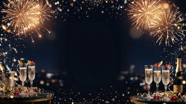 New year celebration background with champagne glasses, bottle and fireworks