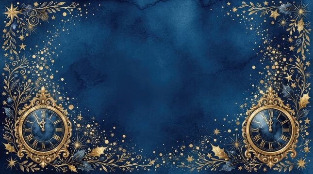 Elegant new year background with golden vintage clocks, festive sparkles, and decorative foliage on a deep blue watercolor texture for holiday invitations and greeting cards